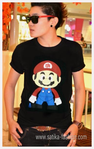 CS007BLACK เสื้อยืดสกรีนลายการ์ตูนมาริโอ้ สีดำ ใส่ได้ทั้งชายและหญิง 