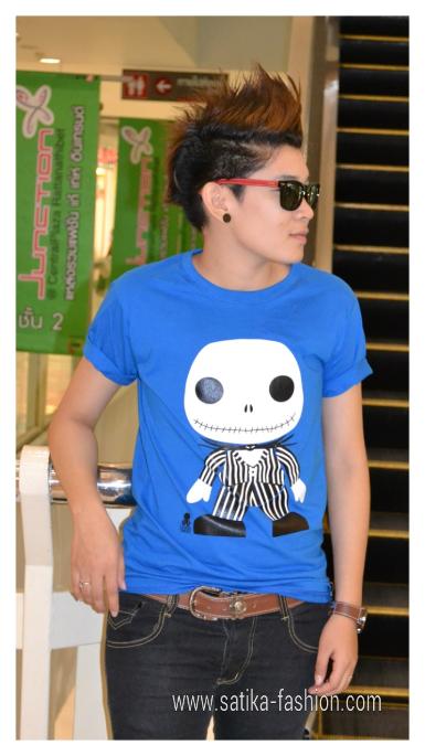 CS0029Blue  เสื้อยืดคอกลมสีน้ำเงินสกรีนลายการ์ตูนไนแมร์ ใส่ได้ทั้งชายและหญิง 